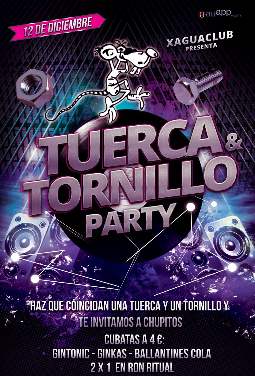 XaguaClub's tweet photo. Sabado 12 de diciembre Tuerca&amp;Tornillo Party.Haz que coincidan una tuerca&amp;tornillo y te invitamos a chupitos! https://t.co/vkxZfrJueg