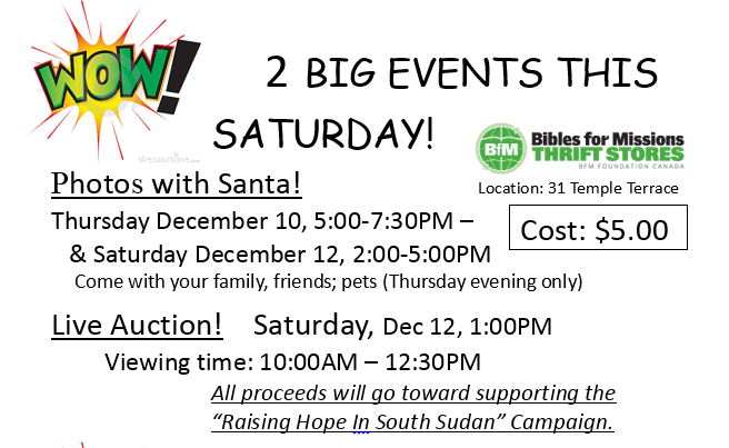 BFMThriftStore's tweet photo. Check out #LiveAuction &amp;  #Photos with #Santa. Help the #Children of South Sudan. See the attached for details https://t.co/hygeJ2erGB