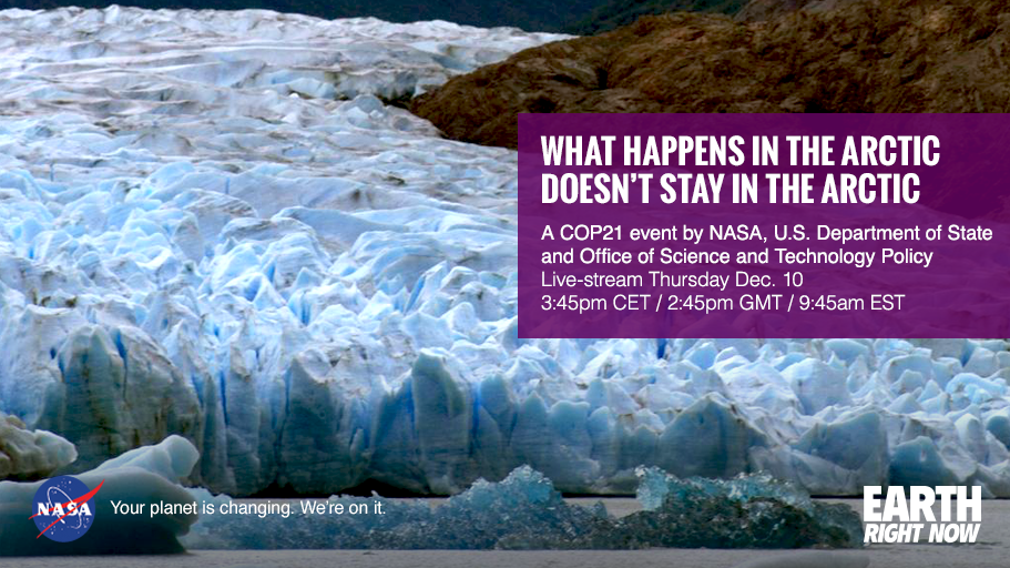 NASAClimate's tweet photo. Change in the Arctic impacts all of us. Watch Thur 12/10 @ 9:45am ET: https://t.co/98iOWzntZP #EarthRightNow #COP21 https://t.co/YtD81MmVQl