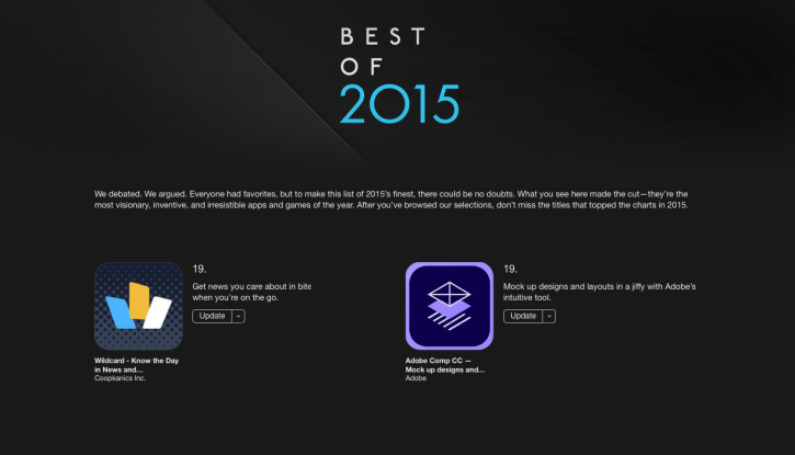 subtraction's tweet photo. Wow, both @Wildcard and Adobe #CompCC included on Apple's Best Apps of 2015! https://t.co/rpNxEmRf77 https://t.co/CVPgFmXtPb