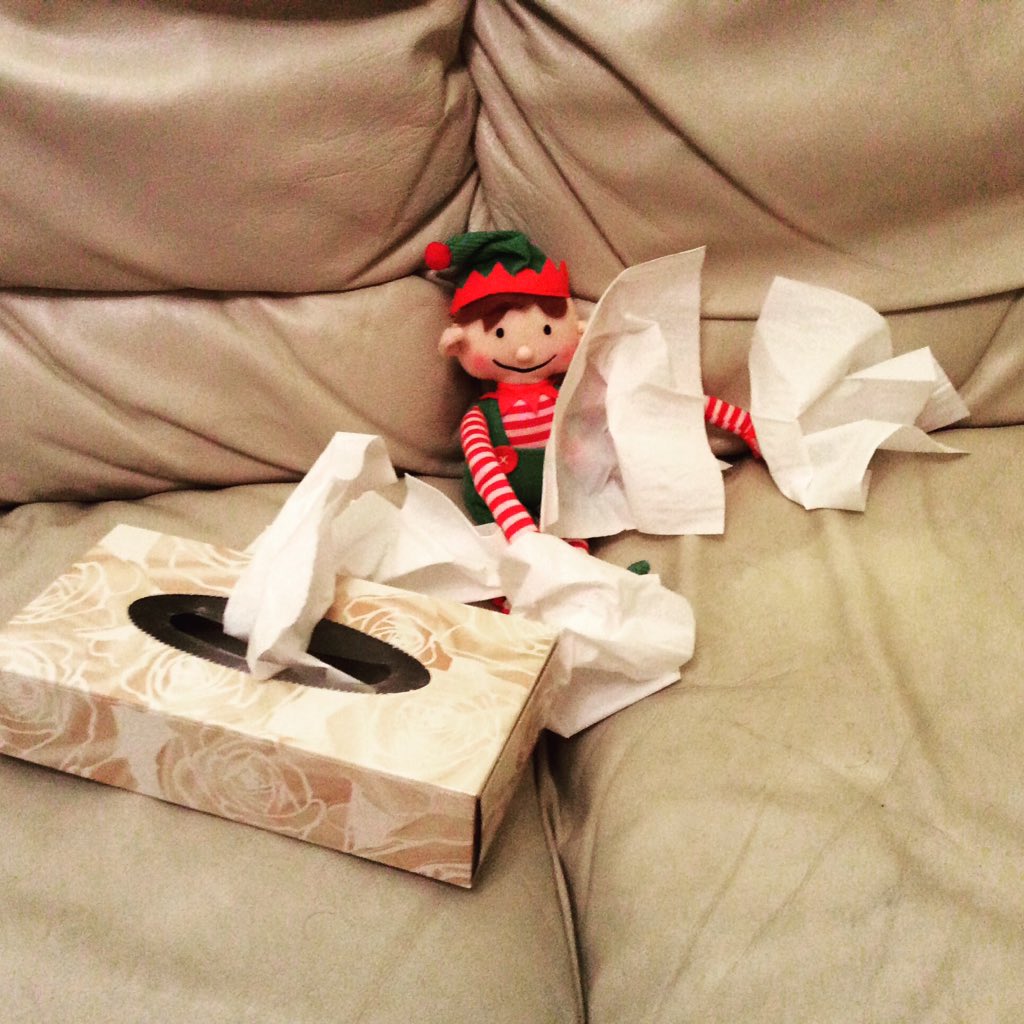 Day 24, Mr Elfie's last day with us, he is very upset #elfonashelf