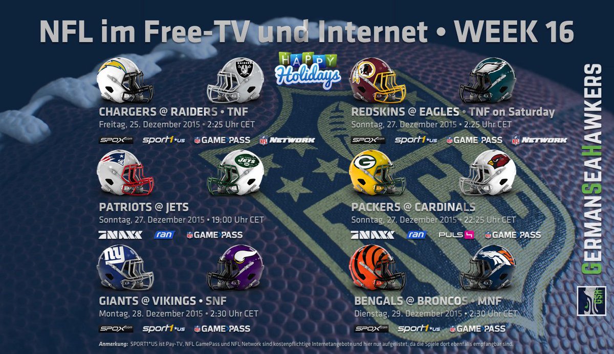 SeaHawkersGER's tweet photo. Die #NFL im deutschen Free-TV und Internet - Week 16 #GermanSeaHawkers #GSH #NFLger #ranNFL #maxxNFL #SPOX #Sport1US https://t.co/BrIK9TixRJ