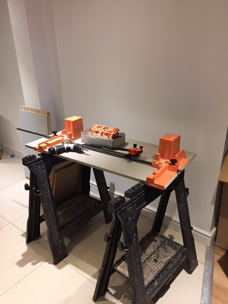 blumuk's tweet photo. Makeshift drawer assembly area using Blum Boxfix E-L and other jigs for assembling Legrabox #ExperienceElegance #AH https://t.co/MiSxzXBisu