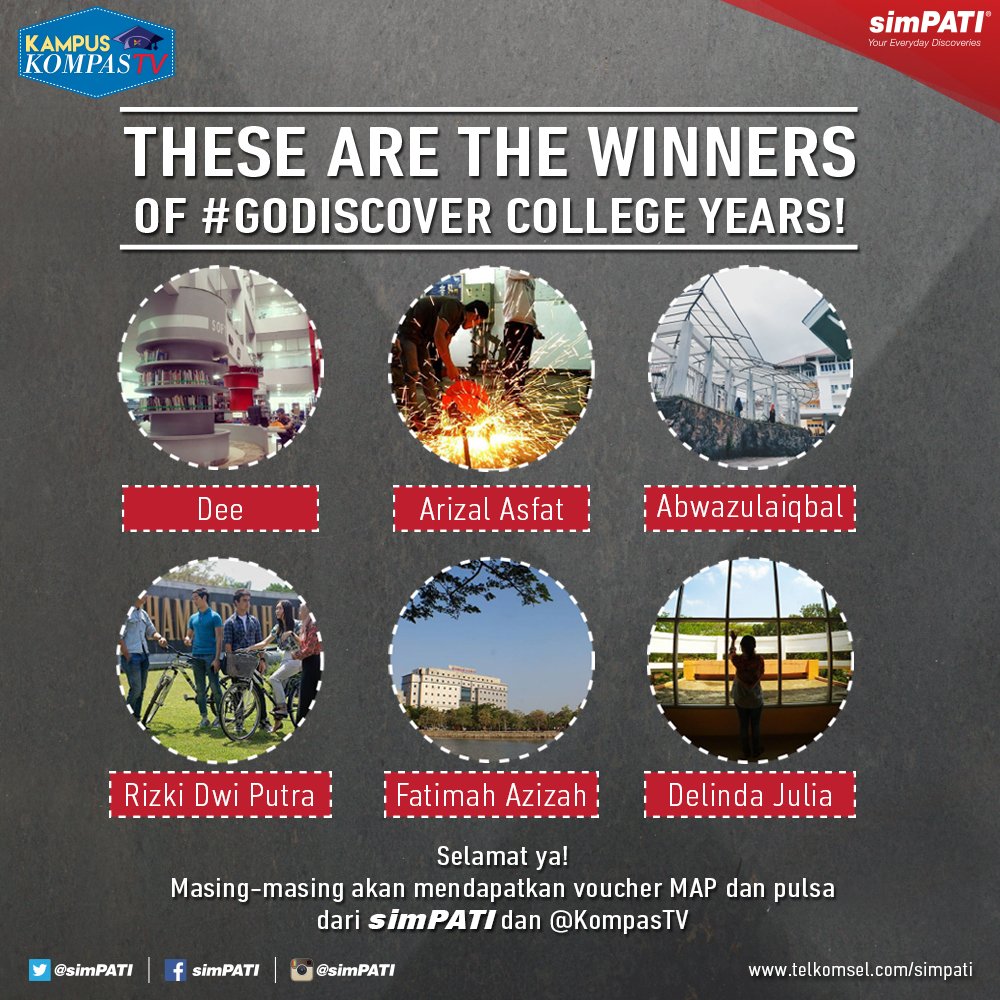 SIMPATI's tweet photo. Selamat ya, Kawan simPATI! You are the winners of #GoDiscover College Years! https://t.co/w1grGDoary