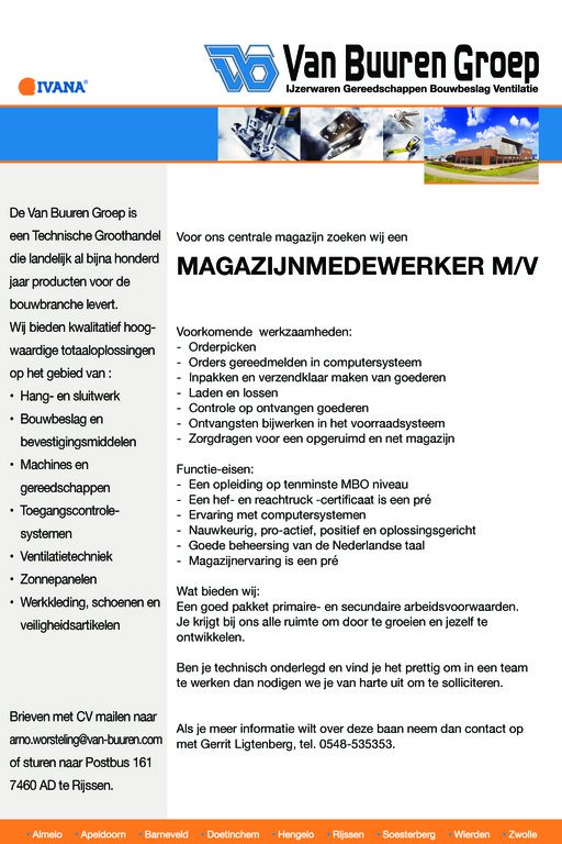 Voor onze vestiging in Rijssen zijn we op zoek naar een magazijnmedewerker #vacature