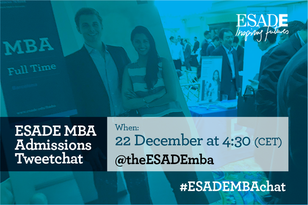 Esade's tweet photo. Doubts about @theESADEmba admissions process? Join our tweetchat today @ 4:30PM, CET. Use #ESADEMBAchat https://t.co/y7uiHpcSW2