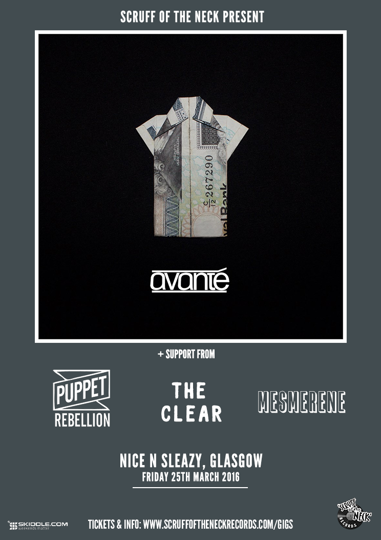 scruffoftheneck's tweet photo. NEW SHOW
@avanteband
@PuppetRebellion
The Clear
@Mesmerene
@nice_n_sleazy
25/03/16
#SOTNGigs https://t.co/nV9w3RnR1K