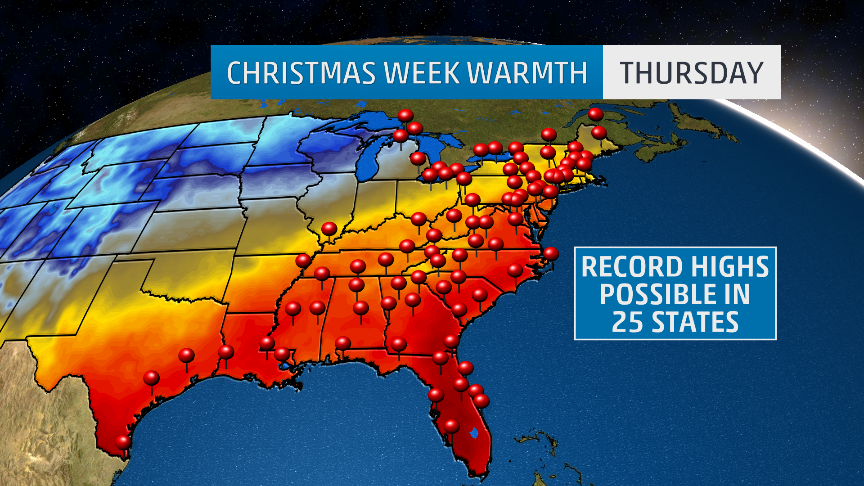 weatherchannel's tweet image. RECORD warm temperatures possible in more than 20 states #ChristmasEve; some could see temps up to 40° above average