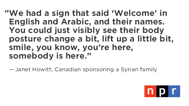 NPR's tweet photo. Across Canada, communities, churches &amp; businesses pitch in to help Syrian refugees.  https://t.co/Vn7rz2SSi8 https://t.co/fOrjod4Bru