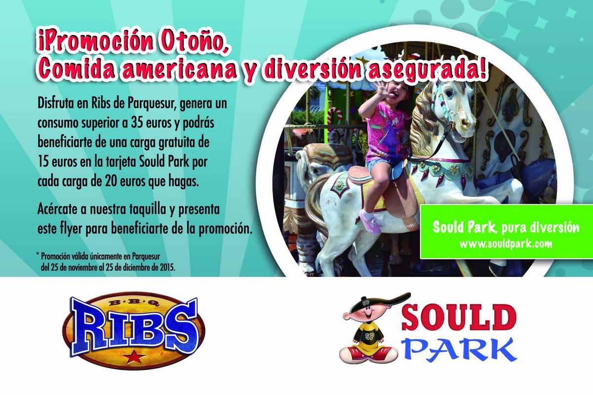 Aprovecha la promo entre Sould Park y <a href="/ribsoriginal/">Ribs Original</a> en el  @CCParquesur . Descuentos y recargas extras para ti