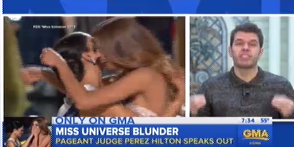 GMA's tweet photo. NOW ONLY ON @GMA: @PerezHilton,  #MissUniverse2015 judge, recounts experience during massive blunder Sunday night https://t.co/lAEUN0LeIp
