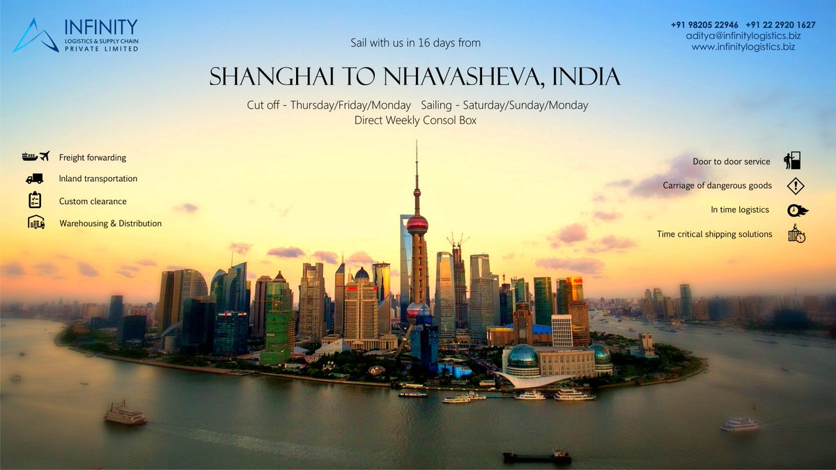InfinityLogisti's tweet image. Sail with us in 16 days from Shanghai to Nhavasheva, India