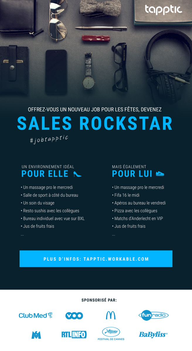 Nouveau job? Massages, sushis ou places de foot, apéros pizzas et Fifa 14? Rejoins-nous <a href="/Tapptic/">Tapptic</a> #joboffer #sales