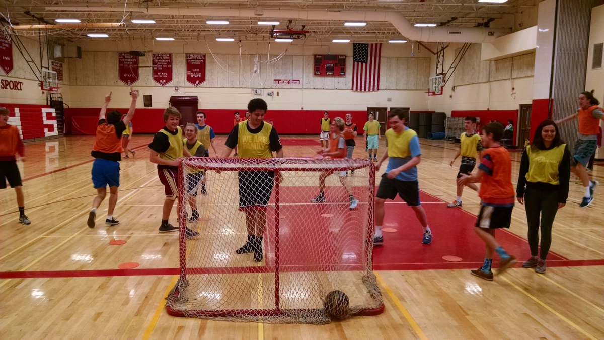 NHS_PE's tweet photo. Last class before break, Competitive Sports plays Gatorball. Orange celebrates after a goal by Lois. #PEhighlight https://t.co/TpOWE4d9fP