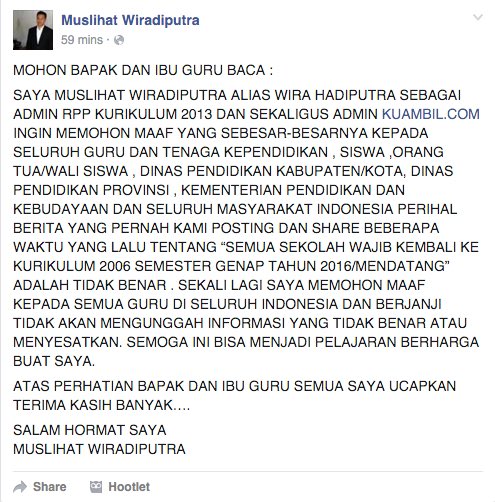 "Klarifikasi dan permintaan maaf pengunggah berita manipulatif terkait penerapan kurikulum".