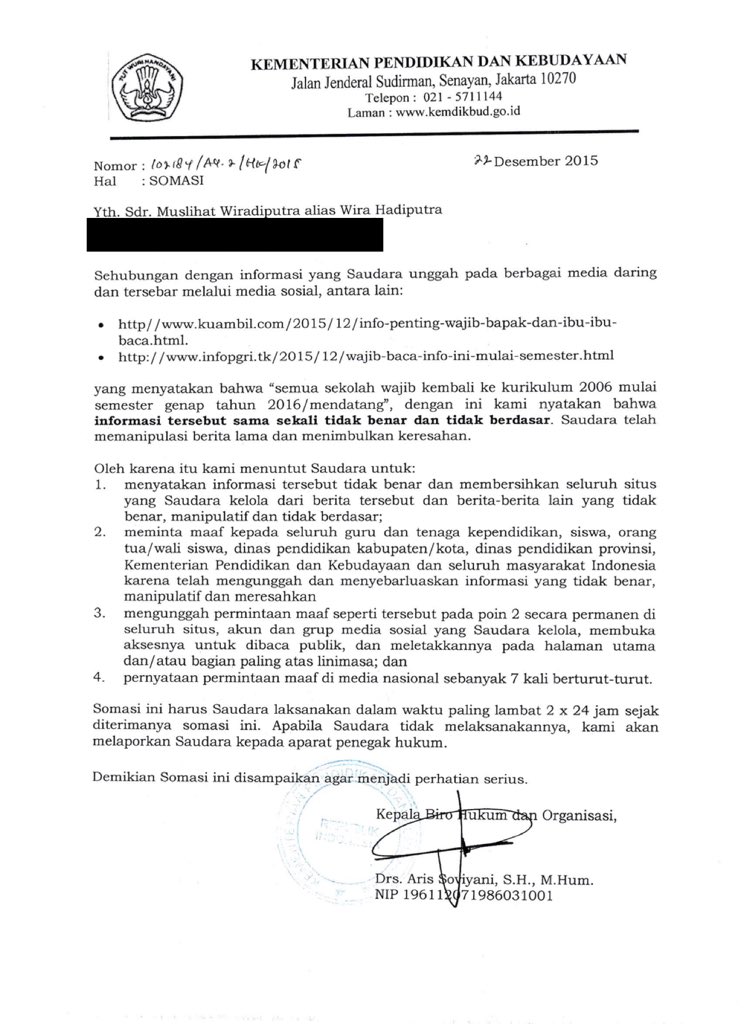 Somasi Kemdikbud terhadap pengunggah berita manipulatif terkait penerapan kurikulum.