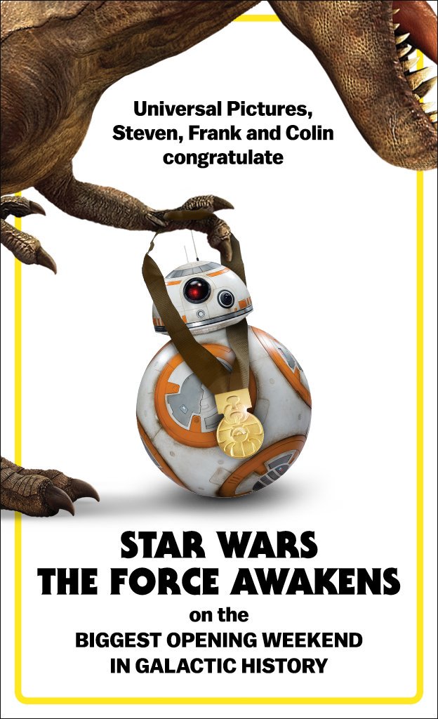 IMAXNL's tweet image. #JurassicWorld feliciteert #StarWarsTheForceAwakens met de nieuwe boxoffice records! @BB8, the medal is yours...