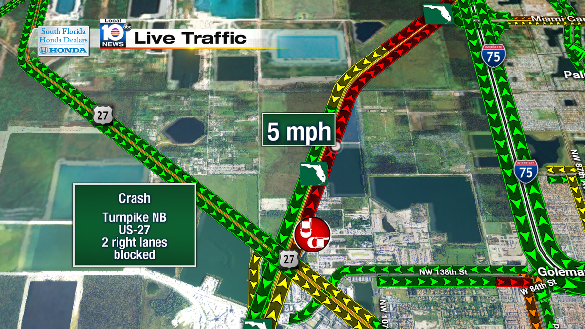 Crash on Turnpike NB beyond US-27. 2 right lanes blocked. Speeds at 5mph #traffic #miami https://t.co/R0KQMm8GhM