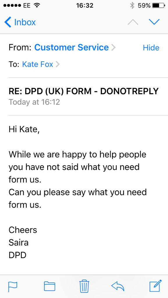 KateOFox's tweet photo. @DPD_UK the worst response to my complaint ever!!! https://t.co/xNGl1nsPwh