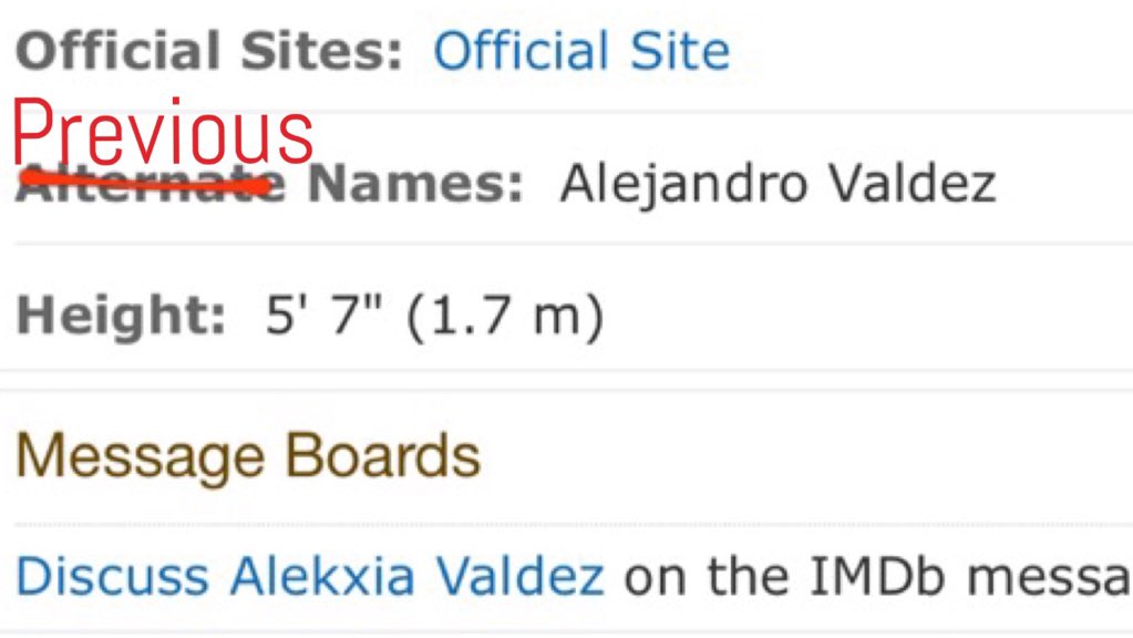 alekxia's tweet photo. @IMDb "Alternate Names" 🙈
Could be
"Previous Names"
"Past Names"
#TransResumes #actorslife
https://t.co/JBtIdA5QxE https://t.co/jHAu2e9q7u