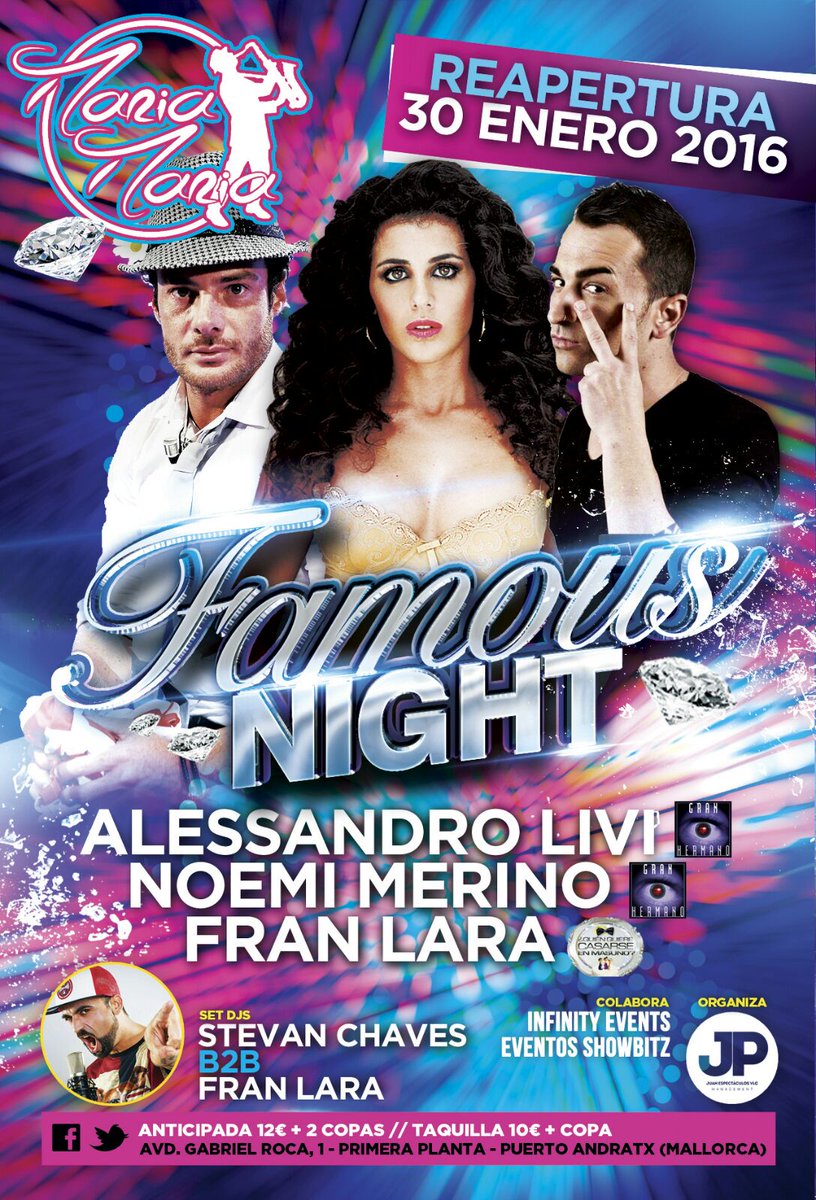 FranLara__'s tweet photo. 2016 viene cargadito..

#SAB30Enero #MARIAMARIA  #FAMOUSNIGHT by @espectaculosvlc en #PTOANDRATX ( #MALLORCA ) 

🎧🌟🎉 https://t.co/3qb7H0YEUX