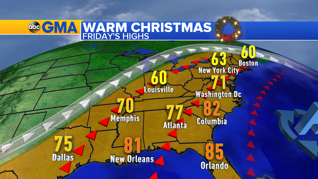 ABC's tweet photo. It's going to be a warm Christmas: 
- NYC: 72° 
- D.C.: 77° 
- Raleigh: 78° 
- Atlanta: 74° https://t.co/BmEadOT2Pe