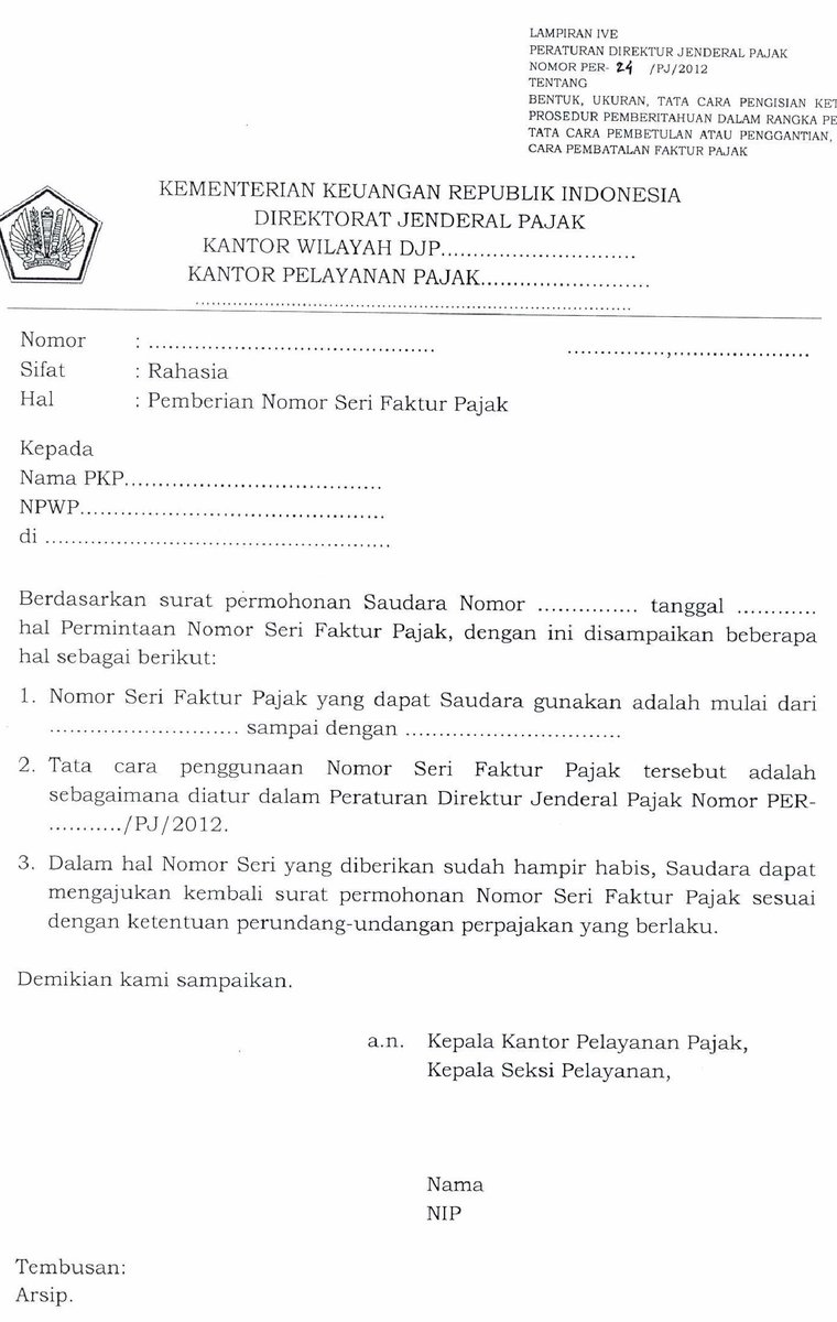 Contoh Surat Pengembalian Nomor Seri Faktur Pajak Yang Tidak Digunakan