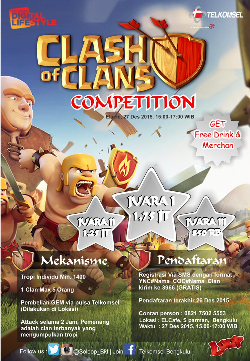 Soloop_Bkl's tweet image. Ayo yang suka main COC, ikuti Clash Of Clans Competition bersama Telkomsel Bengkulu 27 Desember 2015 #LoopCorner1 ^^