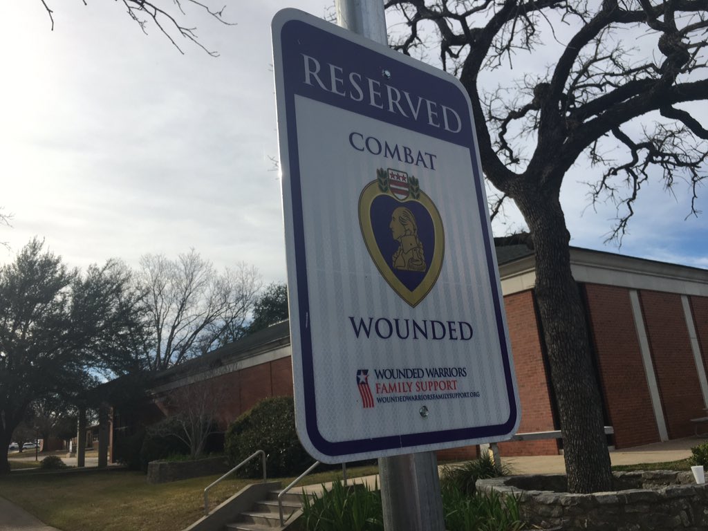 There are now 4 reserved spots on campus for Wounded Combat Veterans. These spots feature a sign and a purple space.