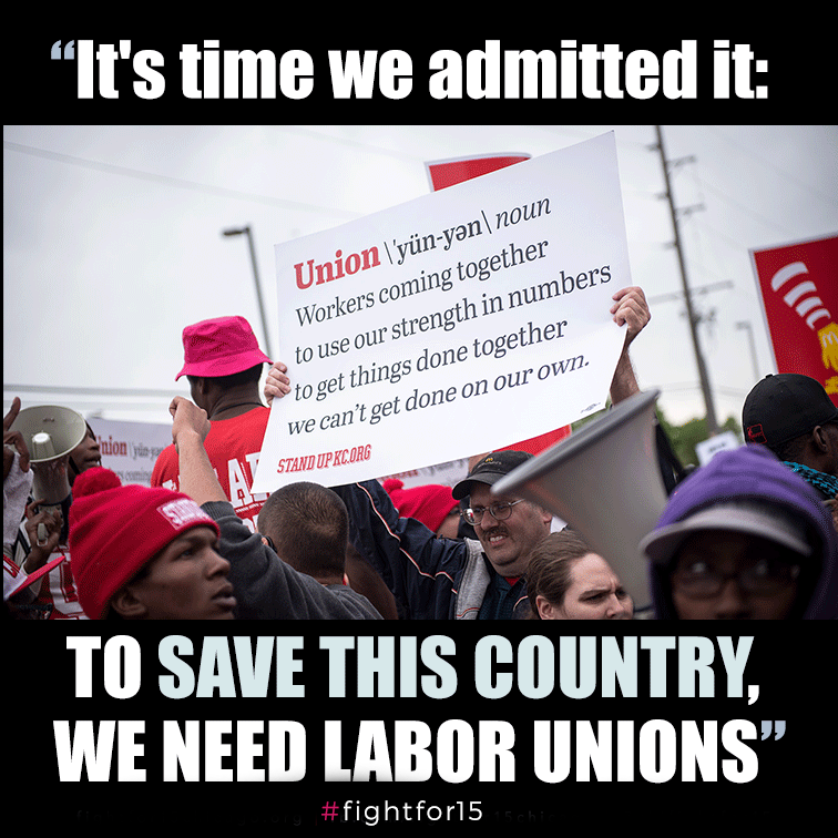CAFastFoodUnion's tweet photo. "To save this country, we need labor unions" Read more: https://t.co/hQRvApyL0F  #FightFor15 https://t.co/TShyEX9XKc