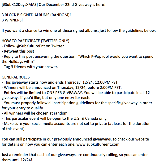 SubKultureEnt's tweet photo. [#SubK12DaysXMAS] Our 12/22 giveaway is 3 BLOCK B SIGNED ALBUMS (RANDOM)! Check photos attached for details!! https://t.co/sO7g2pQxd2