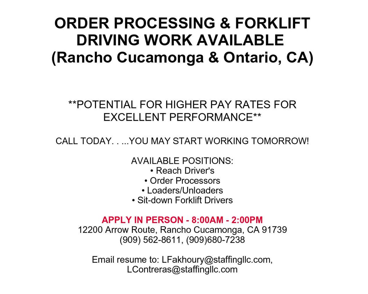 Staffing90706's tweet photo. NOW HIRING #RANCHOCUCAMONGA #ONTARIO #FORKLIFT #GETPAID #STARTWORKINGTODAY
(909) 562-8611, (909)680-7238 https://t.co/bRyMHlixhf