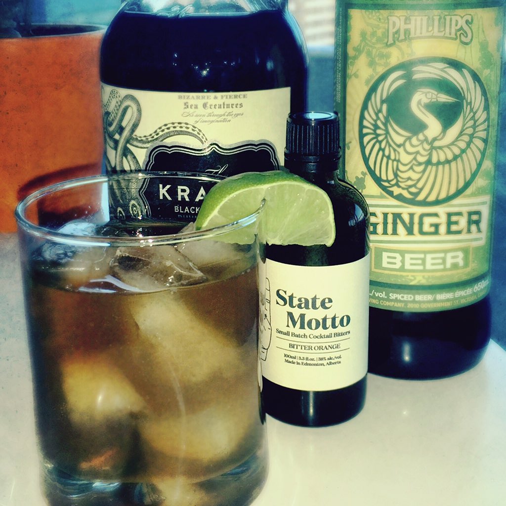 evoolution104's tweet photo. Feeling a little #darkandstormy? Add a bit of Bitter Orange #bitters from @StateMotto ! #yeg #yegfood #golocal https://t.co/ucTUM1ejDz