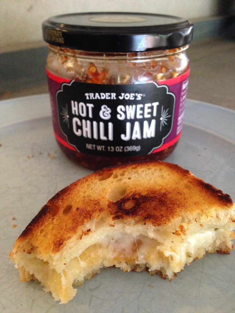 davidbmoore's tweet image. Sour Dough, Pepper Jack Cheese, and  TJ&apos;s hot n sweet Chili jam. Simple warm heart felt lunch!