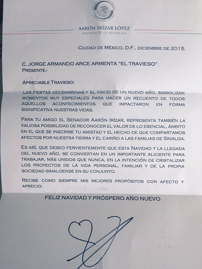 TraviesoArce's tweet photo. Muchas gracias mi senador @AaronIrizar esta carta es muy valiosa para mi.. Igualmente a usted y su apreciable fam.🙏 https://t.co/BURZygG0Om