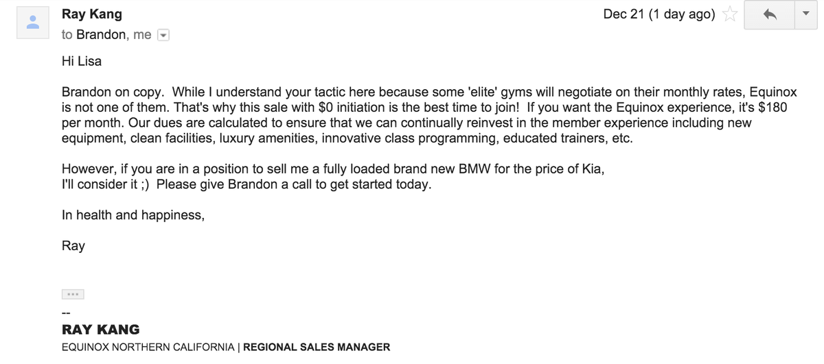 lisa_schu's tweet photo. .@Equinox Interesting "tactic" for recruiting a potential new member #WorstCustomerExperienceEver #JoiningBayClub https://t.co/FVJ0awQbG6