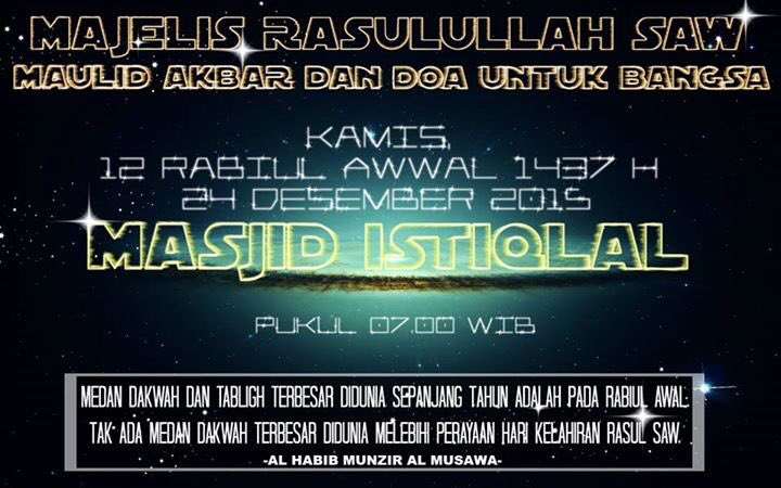 Hadir yuuk..? Maulid ratusan ribu jama'ah Majelis RasuluLLAAH SAW bersama <a href="/Pak_JK/">Jusuf Kalla</a> dan <a href="/lukmansaifuddin/">Lukman H. Saifuddin</a> <a href="/ZUL_Hasan/">ZULkifli Hasan</a>