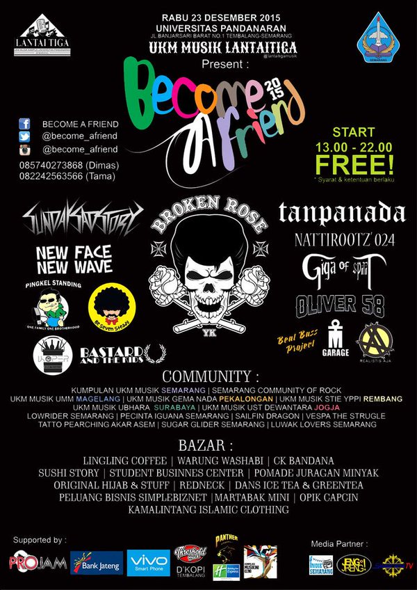 Today! <a href="/Become_afriend/">BECOME A FRIEND</a> | Rabu 23 Des 15 | start 1PM | free entry! W/ <a href="/BROKENROSE_YK/">BROKEN ROSE</a> <a href="/BeSevenSteady/">Be Seven Steady</a> <a href="/StandingPingkel/">Pingkel Standing Official</a>