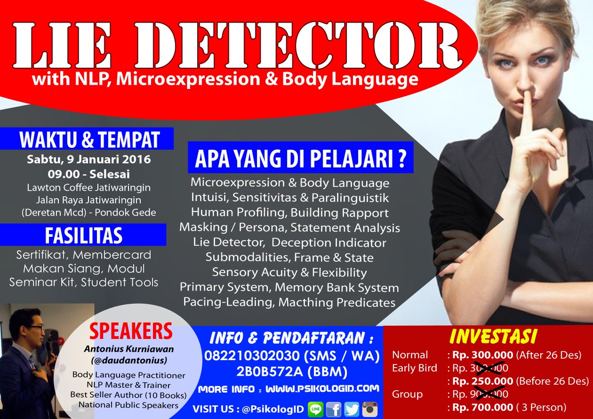 PIDCirebon's tweet photo. #Jakarta Workshop Psikologi : Lie Detector | 09 Jan 2016 | 09.00 |082210302030 /2B0B572A https://t.co/grxIH55xtz https://t.co/XNtksI10tp