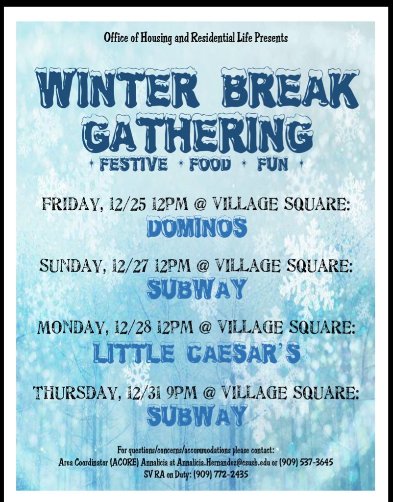 CSUSBReslife's tweet photo. Staying on campus? Get some free food this up coming week thanks to housing! https://t.co/7gUmewtJvl