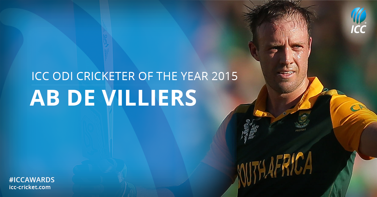 ICC's tweet photo. BREAKING: The winner of the ICC One Day International Cricketer of the Year for 2015 is AB de Villiers 
#ICCAwards https://t.co/sQCMzv7Xfm