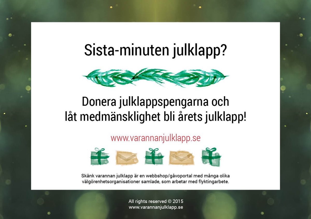 KarinBaathe's tweet photo. Klappar kvar? Lös stressen på varannanjulklapp.se.
#GodJul #medmänsklighet #flyktinghjälp #välgörenhet https://t.co/h7Cptaq3J0