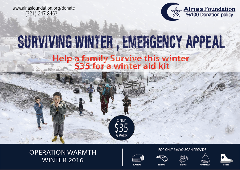 Please Support our mission to provide Winter Aid Kits to refugees battling the cold, donate alnasfoundation.org/donate