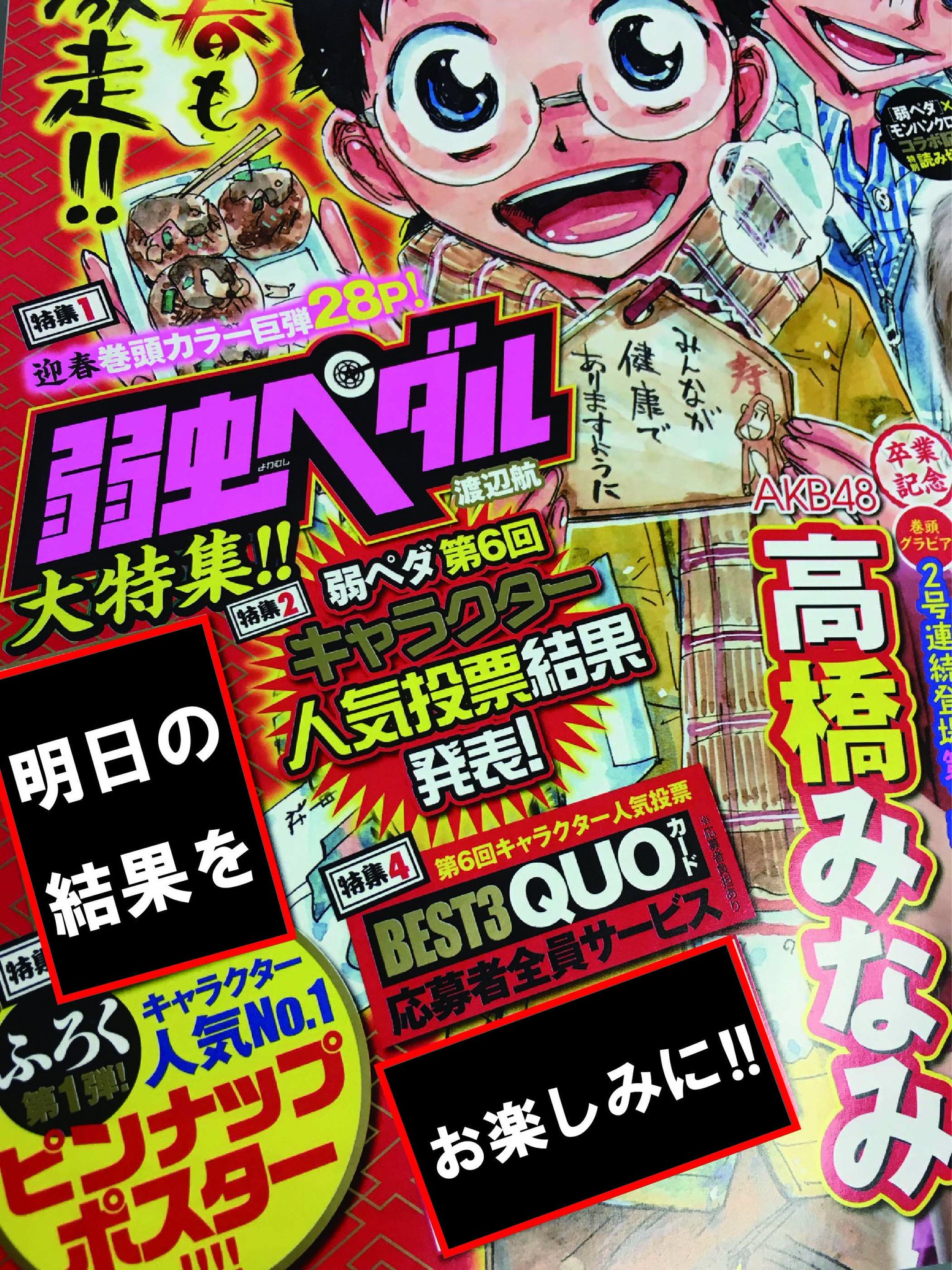 週刊少年チャンピオン編集部 A Twitter 弱虫ペダル 新年4 5号では 第6回弱虫ペダル キャラクター人気投票 の結果発表が行われます 人気１位を制したのはまさかの 人気ベスト３quoカード応募者全員サービスや 人気１位ピンナップポスターもお楽しみに