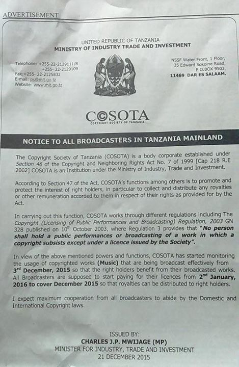 IPKenya's tweet image. Tanzania: #Magufuli's minister in charge of copyright publishes notice to broadcasters on royalties #IP #COSOTA