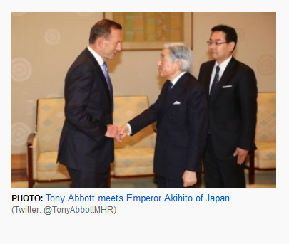 1Swinging_Voter's tweet photo. Elected Prime Minister @TonyAbbottMHR
Statesman gets invited to meet the Japanese Emperor #Pmlive
#MediaCRICKETS https://t.co/ciA04lXzPB