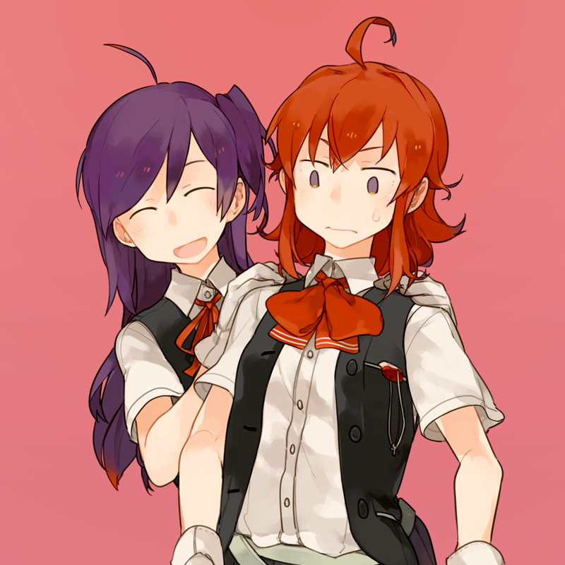 arashi (kancolle) ,hagikaze (kancolle) multiple girls 2girls purple hair ahoge gloves vest red hair  illustration images