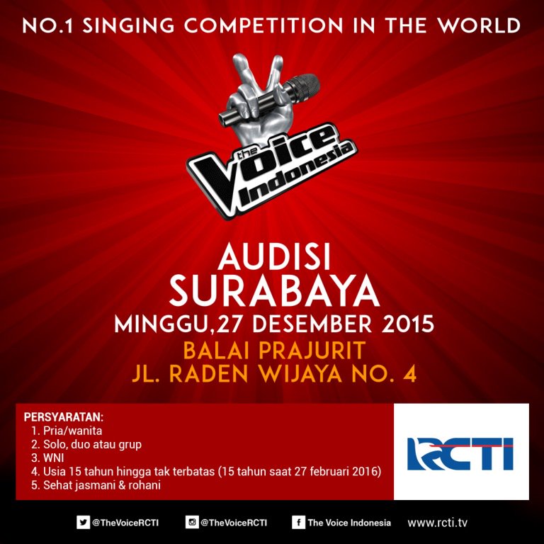 dahSyatMusik's tweet photo. Arek Suroboyo Yuk Ikutan Audisi The Voice Indonesia Kota Surabaya pada hari Minggu 27 Des' 15 #TheVoiceID https://t.co/ku4uis2VHG