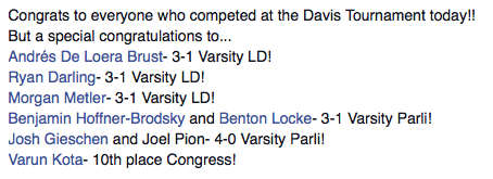 Congrats on the Davis tourney December 12th!