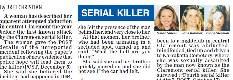 POSTNewspapers's tweet image. Claremont serial killer latest: did he lure a teen into his car a year before he raped a woman at Karrakatta?